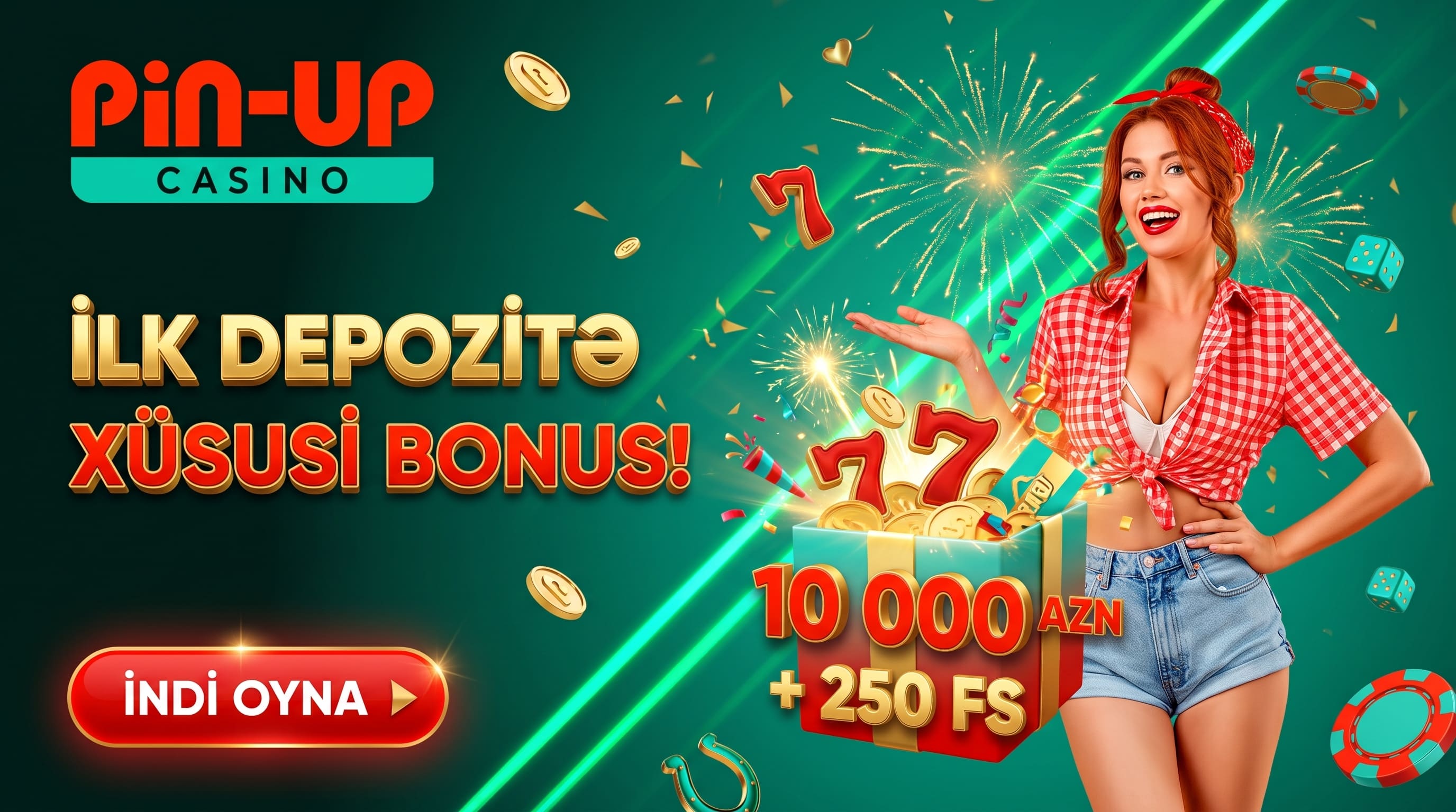 İlk depozit üçün xüsusi bonus görüntüsü: sikkə dolu qutu, 10 000 AZN və 250 pulsuz fırlanma yazısı