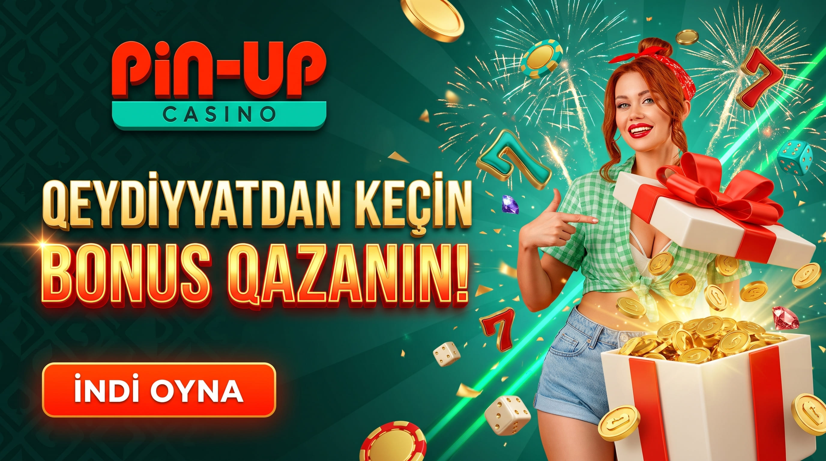 Pin Up qeydiyyat və oyun seçimi: qırmızı lentli hədiyyə qutusu, qızıl sikkələr və qeydiyyatdan keçməyə çağırış